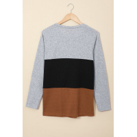 Gray Accent Color Block Knit Long Sleeve Top