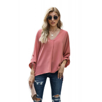 V Neck 3/4 Sleeve High Low Hem Shirt