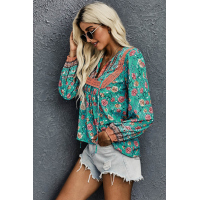 Green V Cut Neck Floral Lantern Sleeve Blouse