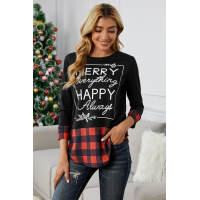 Christmas Letter Print Red Plaid Cuffs and Hem Long Sleeve Top