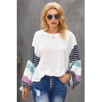 White Striped Colorblock Long Sleeve Knit Top