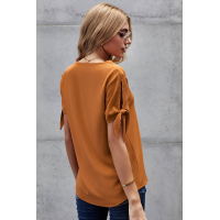 Orange Casual Tie Knot Short Sleeve V-Neck Button Chiffon Blouse