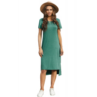 Green Casual Short Sleeve T-shirt Midi Dress with High Splits