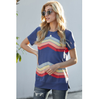 Blue Colorful Wavy Stripes Print Short Sleeve Tee