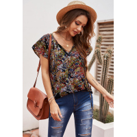 Multicolor V-neck Short Sleeve Fashion Print Fantasy Fluttering Blouse