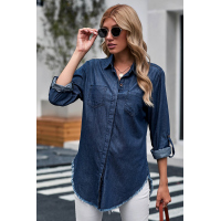 Blue Roll up Long Sleeves Frayed Hem Denim Shirt