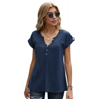 Blue Buttoned Detail Cotton Blend Short Sleeve T-shirt