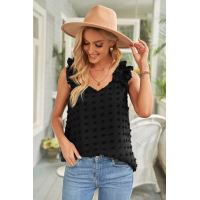 Black Swiss Dot Woven Sleeveless Top With Ruffled Straps