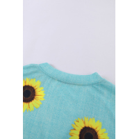 Short Sleeve V Neck Sunflower Print Mini Dress with Pocket