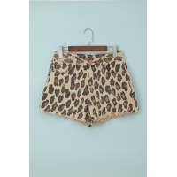 Leopard Mid Waist Frayed Hemline Jean Shorts