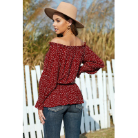 Red Polka Dot Off Shoulder Ruffle Long Sleeve Top