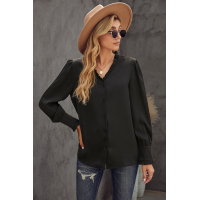 Black Frilled V Neckline Buttoned French Shirt