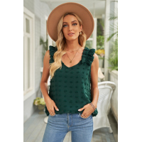 Green Swiss Dot Woven Sleeveless Top With Ruffled Straps