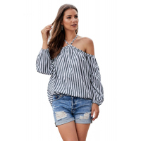 Gray Striped Off Shoulder Halter Blouse