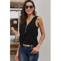 Black Zip Neckline Sleeveless Shirt Tank