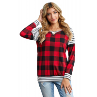 Red Buffalo Plaid Stripe Splicing Long Sleeve Top