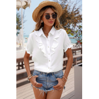 White Buttoned Short Sleeves Shirt with Ruffles