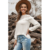 White Hollow-out Ruffle Long Sleeve Blouse