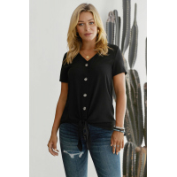 Black Button Up Front Tie Detail Woven Top