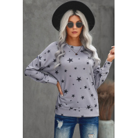 Gray Round Neck Star Print Long Sleeve Top