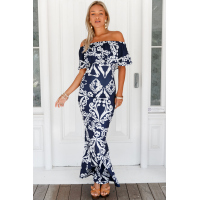 White Tendril Print Navy Off-the-shoulder Maxi Dress