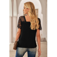 Black Sweet Side Lace Deep V Neck Top T-shirt