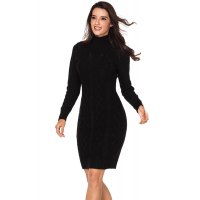 Black Cable Knit High Neck Sweater Dress