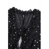 Black Glitter Stars V Neck Backless Ruffle Mini Dress