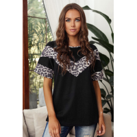 Black Leopard Splicing Waffle Knit Short Sleeve Tee