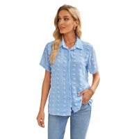 Sky Blue Buttoned Swiss Dot Turn-down Collar Short Sleeve Shirt