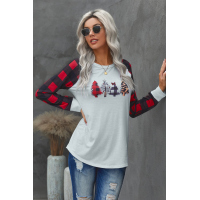 Red Christmas Pattern Plaid Splice Long Sleeve Top