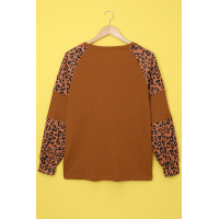 Leopard Print Accent Brown Waffle Long Sleeve Top