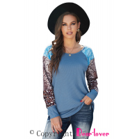 Blue Raglan Sleeve Leopard&Snakeskin Splicing Waffle Top