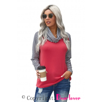 Blue Cowl Neck Stripe Splice Casual Long Sleeve Top