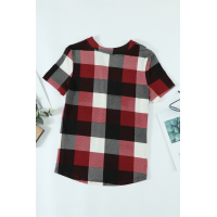 Red Plaid Pattern V Neck Short Sleeve Top