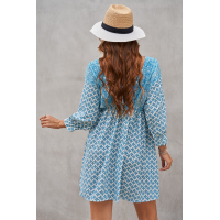 Sky Blue V Neck 3/4 Sleeve Bohemian Vintage Print Mini Dress