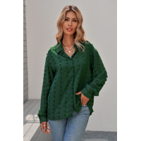 Green Long Sleeve Button Fuzzy Polka Dot Shirt