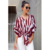 Red Vertical Stripes V Neck 3/4 Sleeve Blouse