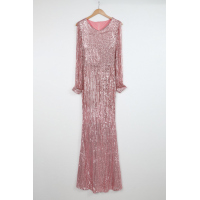 Pink Sequin Fringe Sleeve Prom Maxi Dress