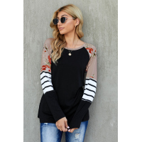 Black Striped Floral Long Sleeve Top