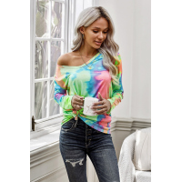 Green Tie-dye V Neck Long Sleeves Top