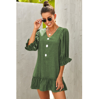 Green Casual Loose V Neck Short Swing Dress