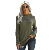 Army Green Buttoned Neck Knit Long Sleeves Top