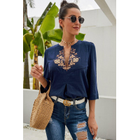 Blue Boho Embroidered V Neck 3/4 Sleeve Casual Blouse