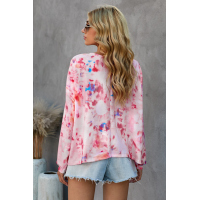 Pink Tie-dye V Neck Long Sleeve Top