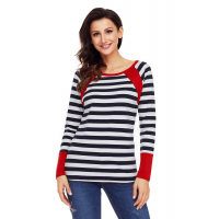 Red Splice Accent Navy White Striped Long Sleeve Shirt