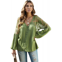 Green V Neckline Lace Shoulder Patchwork Blouse