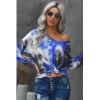 V-neck Knotted Blue Tie-dye Top