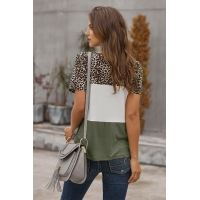 Green Color Block Leopard Tee