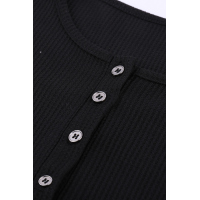 Black Solid Color Ribbed Texture Slim Top with Button